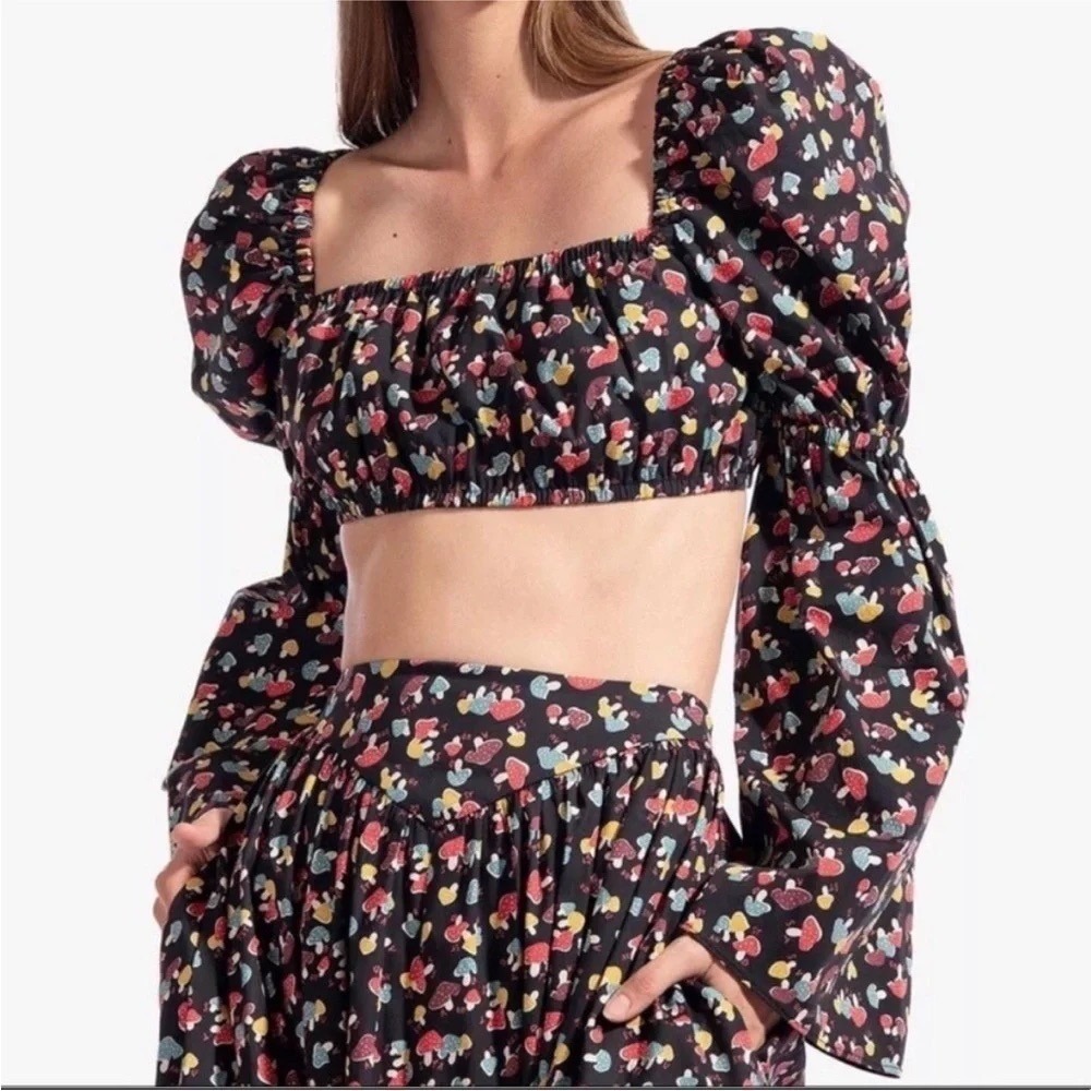 Staud Elena Mushroom Print Crop Top Garden Girl Cottagecore Black Long Sleeve XS
